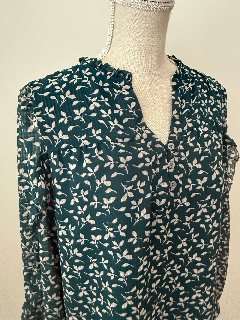 LOFT Teal Leaf-Print Button Henley Blouse - Picture 2 of 6